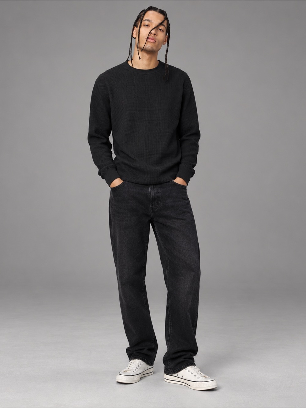 Calvin Klein Sweater Mens L Black Waffle Knit Crew Neck Pullover Long